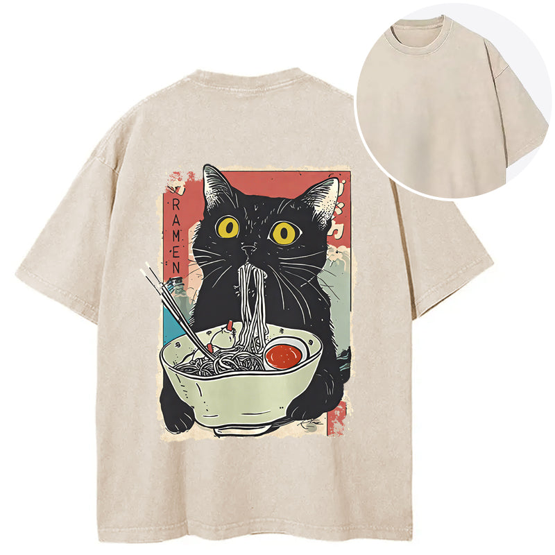 bbb Cute Cat Eating Ramen Back Washed T-Shirt
