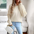 Soft Cozy Women Sweater - Round Neck, Cable Knit Wool