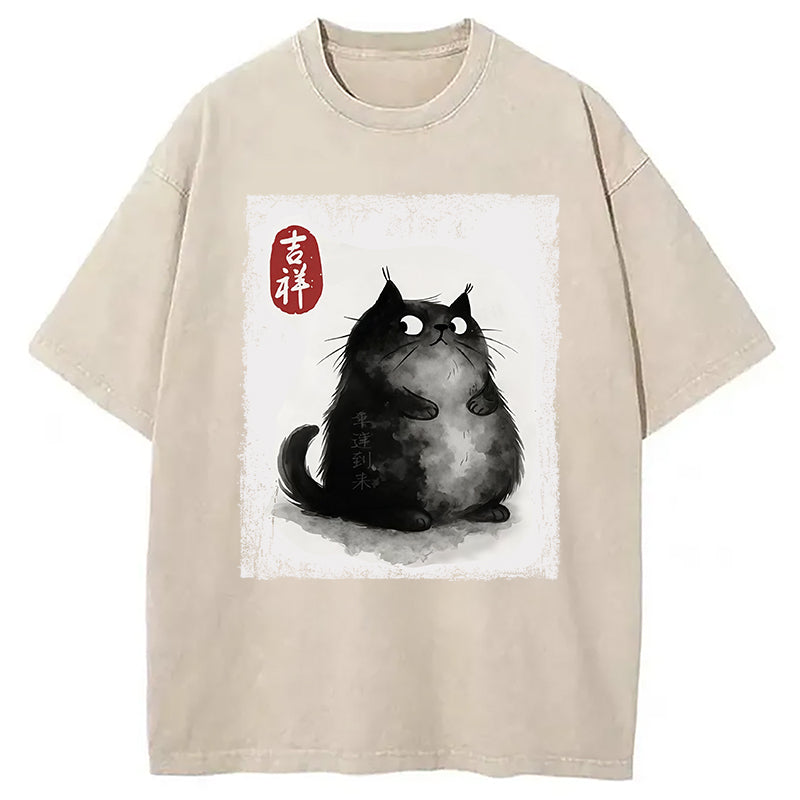 bbb Auspicious Fluffy Black Cat Washed T-Shirt