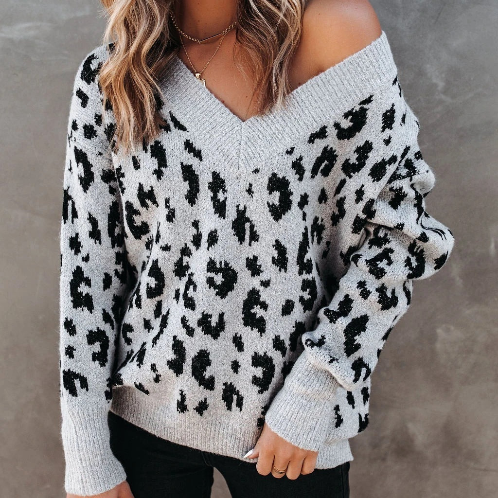 Oversized Cozy Women V Neck Sweater - Leopard Knit, Casual