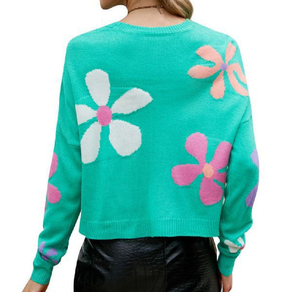 Soft Women Knit Sweater - Boxy Floral Pullover, Acrylic