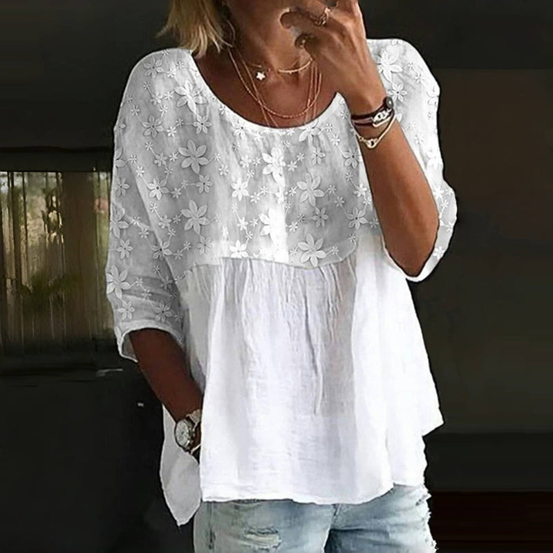 Embroidered Flower Blouse for Women, Three-Quarter Sleeve Summer Top, Cotton-Polyester Blend, Casual Spring Apparel