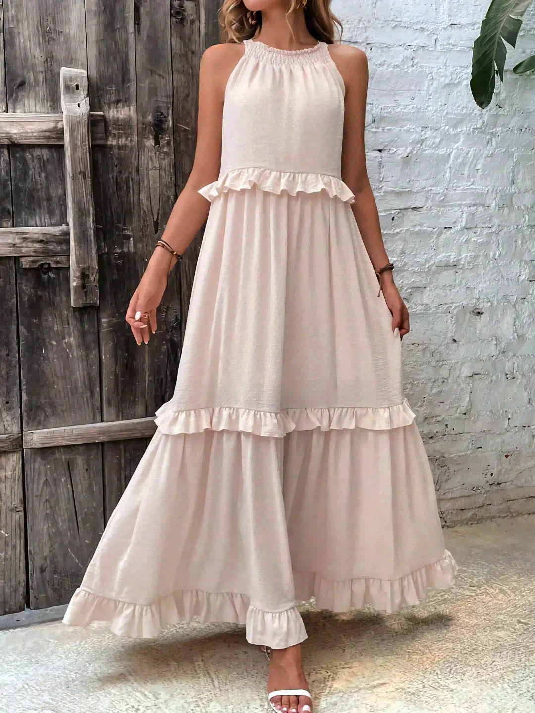 Elegant Halter Ruffle Floral Maxi Dress for Women, Lightweight Bohemian Long Dress, Flowing Fit