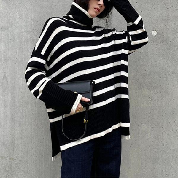 Oversize-Damen-Rollkragenpullover – Strick mit Schlitzen, warm