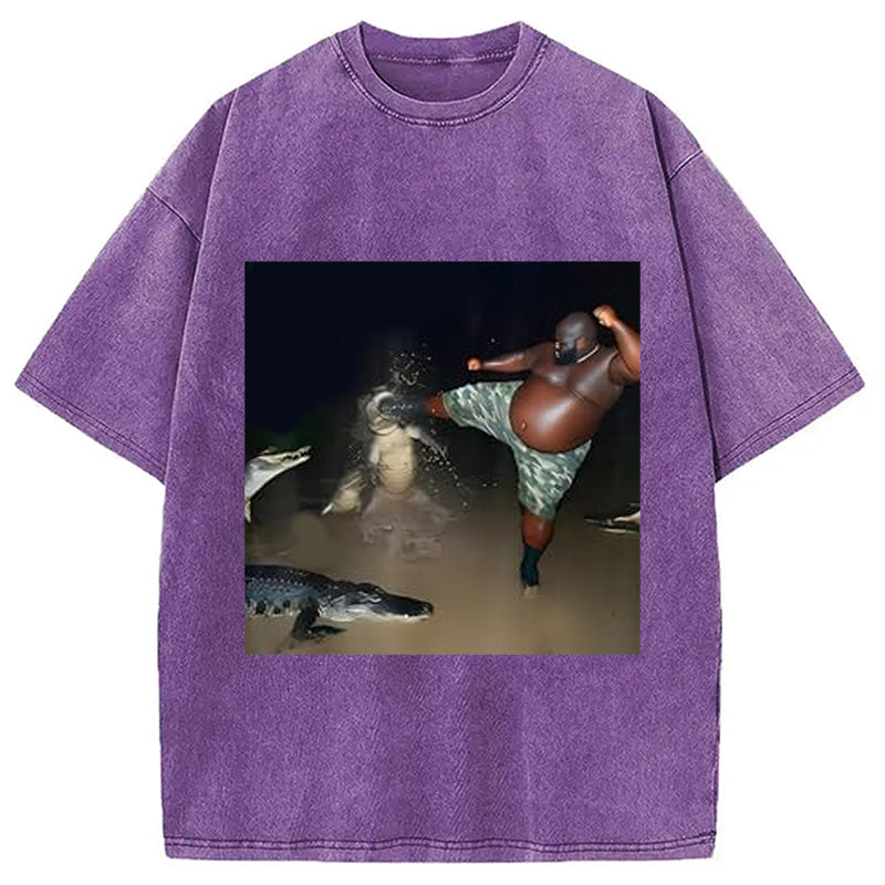 bbb Man Kick Alligator In Swamp Funny Washed T-Shirt