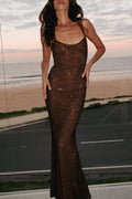 Open Back Sequin Mesh Black Maxi Dress for Women, Ankle-Length Scoop Neck Long Dress with Adjustable Straps