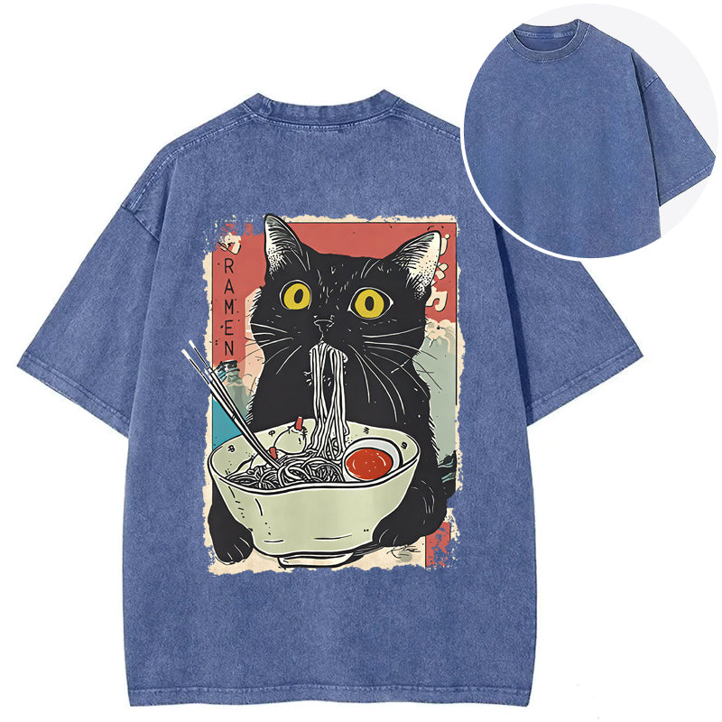 bbb Cute Cat Eating Ramen Back Washed T-Shirt