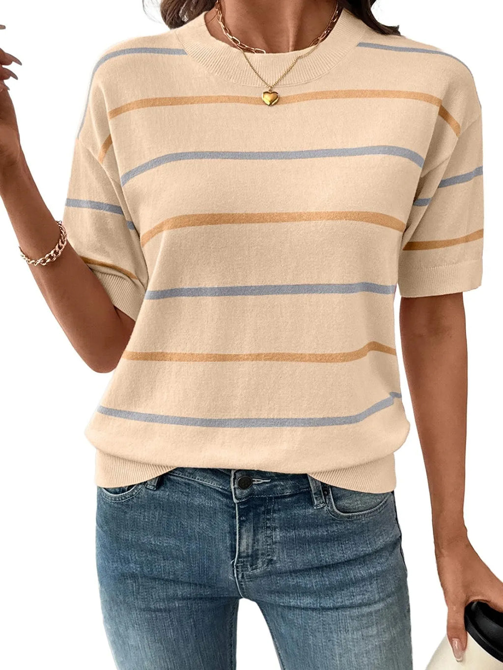 2026 Women's Knitted Striped Crewneck Short Sleeve Sweater