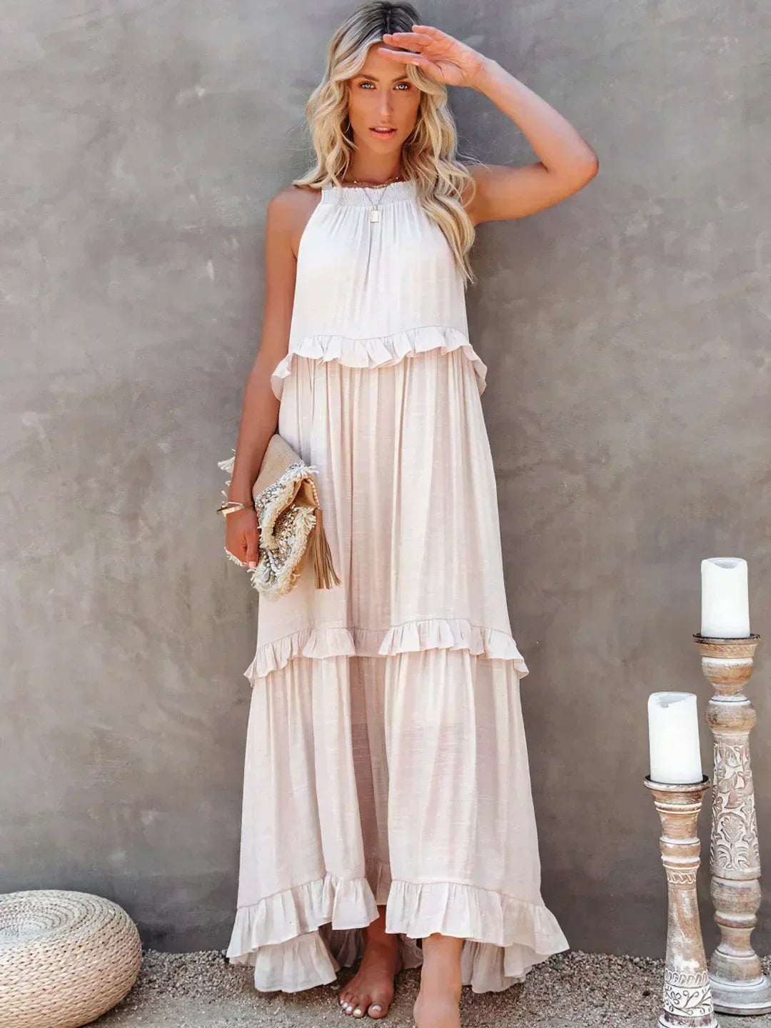 Elegant Halter Ruffle Floral Maxi Dress for Women, Lightweight Bohemian Long Dress, Flowing Fit