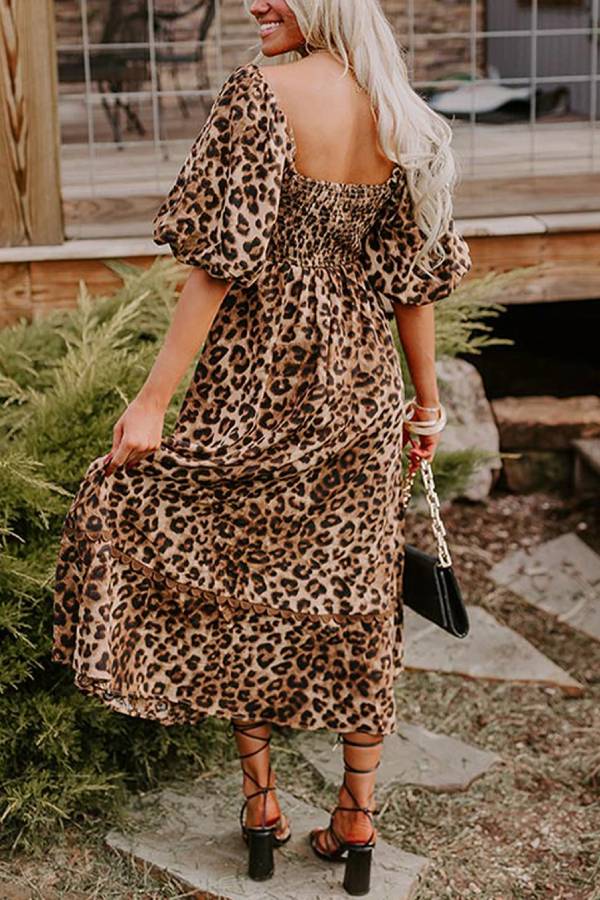 Leopard Print Maxi Dress with Puff Sleeves, Gathered Design, Long Dress for Women, Casual Chic Style
