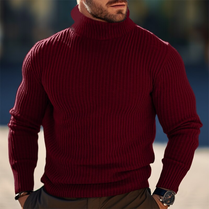Warm Men Turtleneck Sweater - Ribbed Wool, Winter Layering