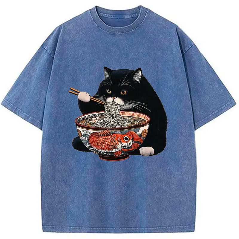 bbb Fat Cat Eating Ramen Washed T-Shirt