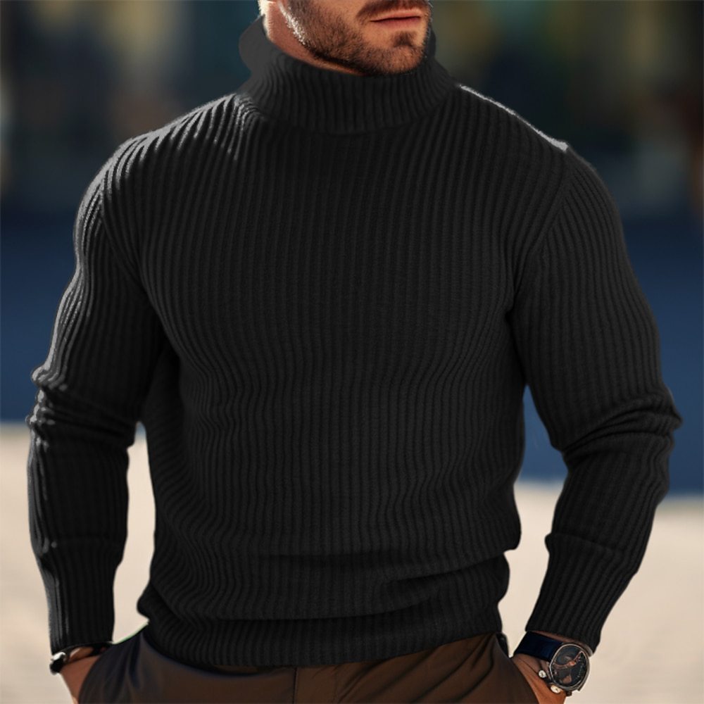 Warm Men Turtleneck Sweater - Ribbed Wool, Winter Layering