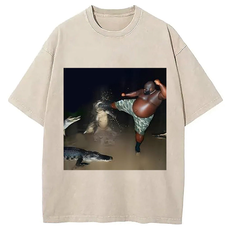 bbb Man Kick Alligator In Swamp Funny Washed T-Shirt