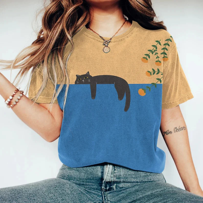 VStylish Zweifarbiges Katzen-T-Shirt – Lässiges Baumwoll-T-Shirt für jeden Tag