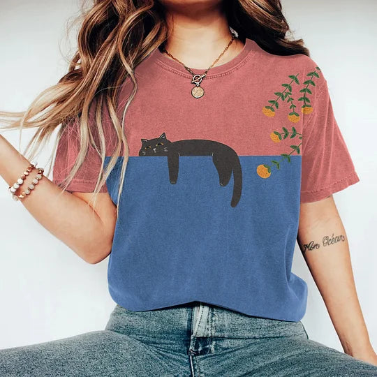 VStylish Zweifarbiges Katzen-T-Shirt – Lässiges Baumwoll-T-Shirt für jeden Tag