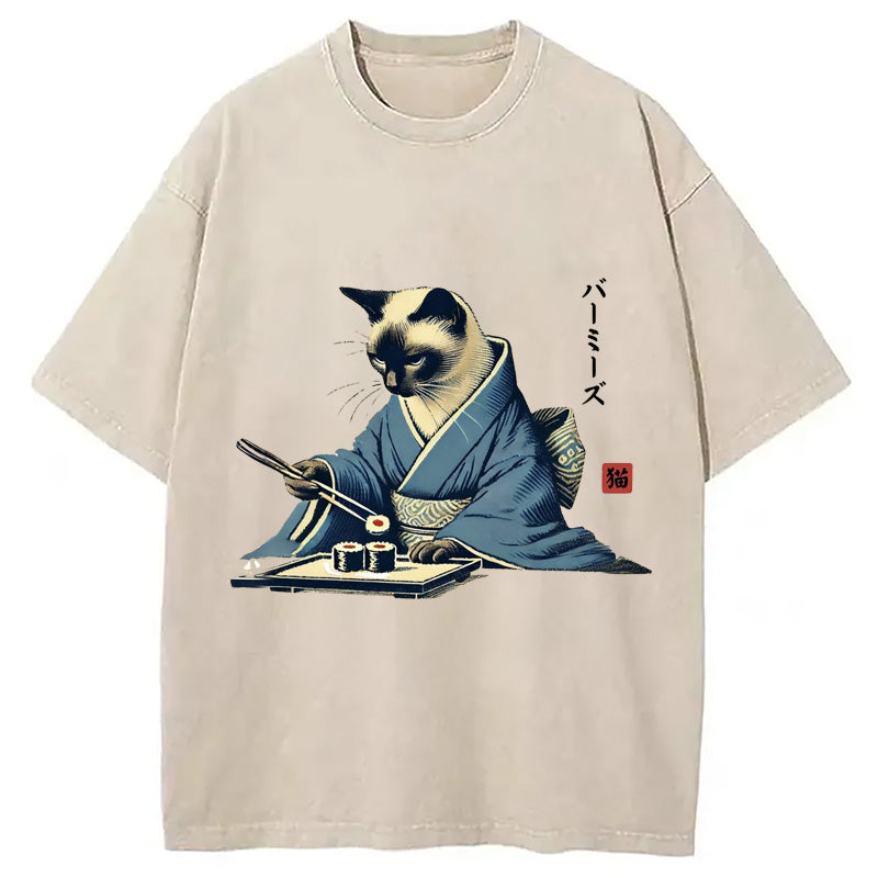 bbb Cat In Kimono Eating Sushi Washed T-Shirt