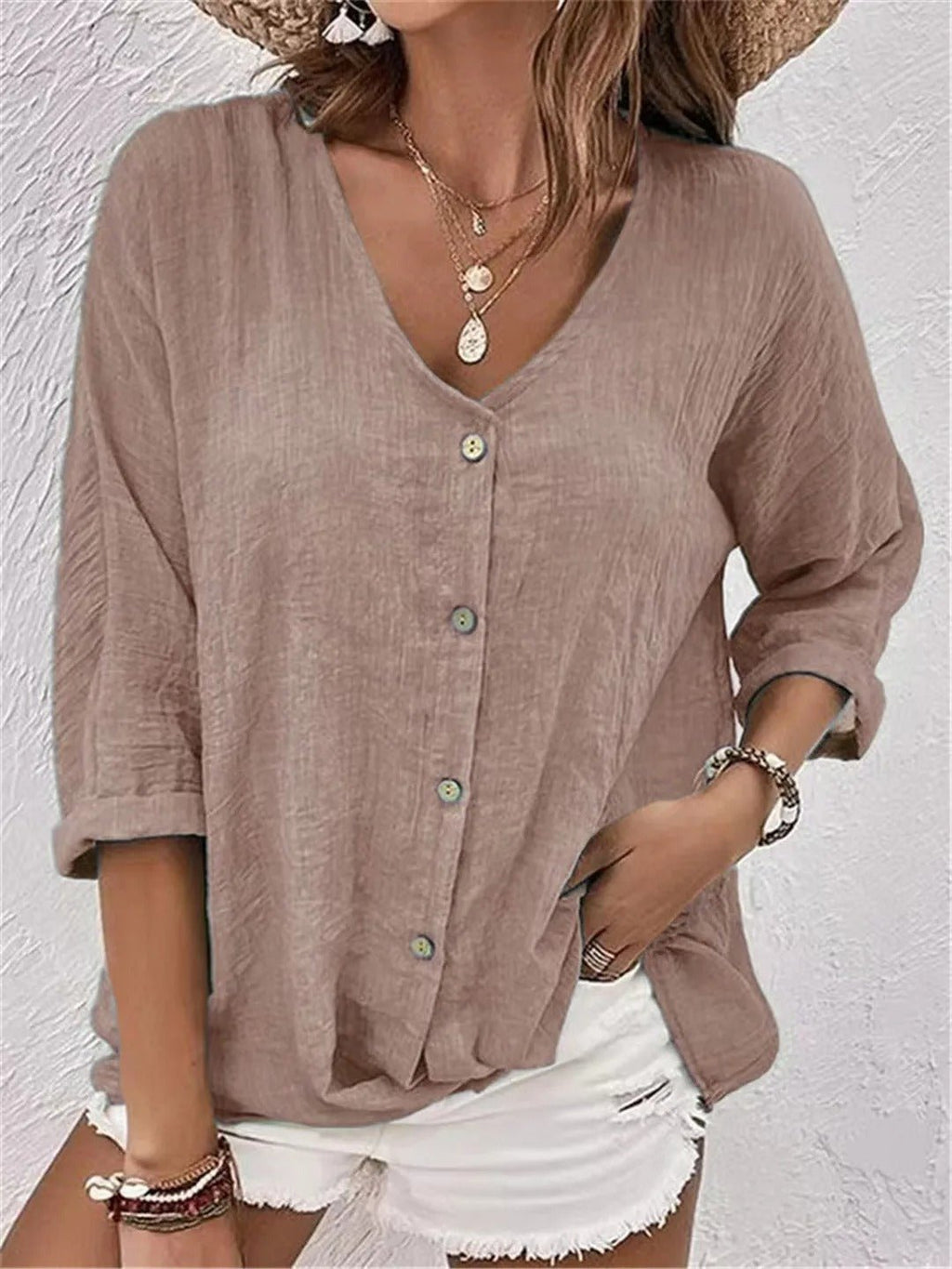 V-Neck Button-Up Women's Top - Lightweight Blouse for Women, Versatile Casual Elegance, Flattering Fit, Sizes S-3XL