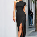 Elegant Evening Dress with Asymmetrical Slit and Split Neck Design - Formal Wedding Guest Gown