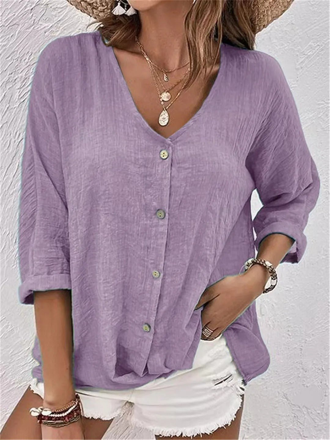 V-Neck Button-Up Women's Top - Lightweight Blouse for Women, Versatile Casual Elegance, Flattering Fit, Sizes S-3XL