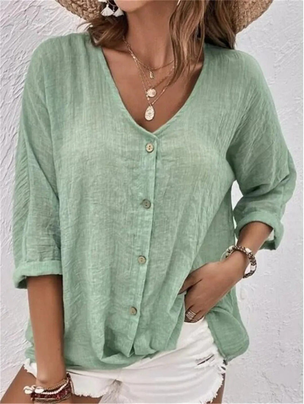 V-Neck Button-Up Women's Top - Lightweight Blouse for Women, Versatile Casual Elegance, Flattering Fit, Sizes S-3XL