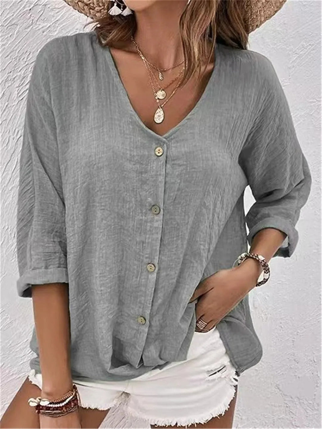 V-Neck Button-Up Women's Top - Lightweight Blouse for Women, Versatile Casual Elegance, Flattering Fit, Sizes S-3XL