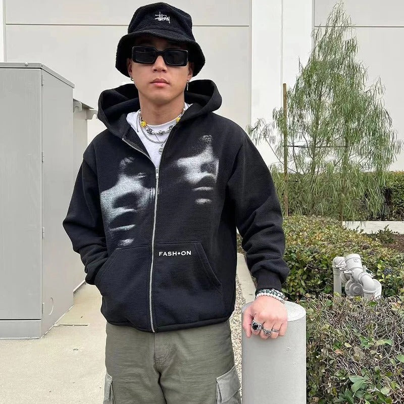 Oversized Unisex-Kapuzenpullover mit Reißverschluss – Kastenförmiger Schnitt mit Reißverschluss vorne, Baumwolle