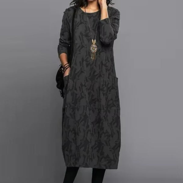 Long Sleeve Pocket Dress with Print - Elegant Vintage Style, Comfortable Fit for Women