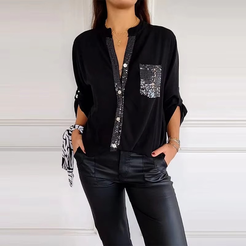 Casual Button Top with Sequins - Stylish Women's Wear for Any Occasion