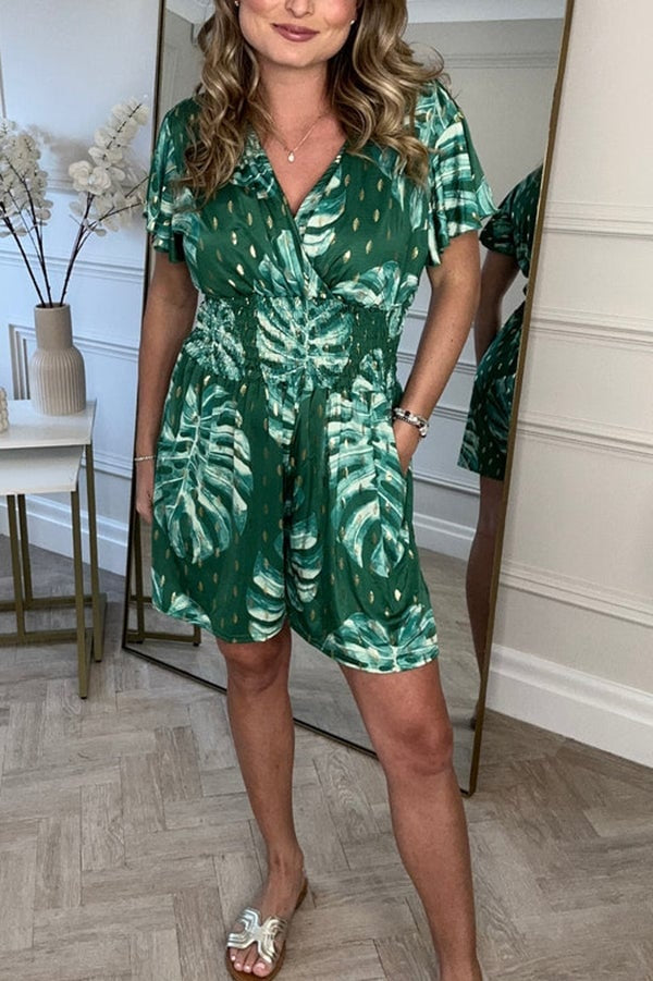 Leafy Print Women's Romper with Smocked Waist, Casual Jumpsuit for Summer Outings and Beach Wear