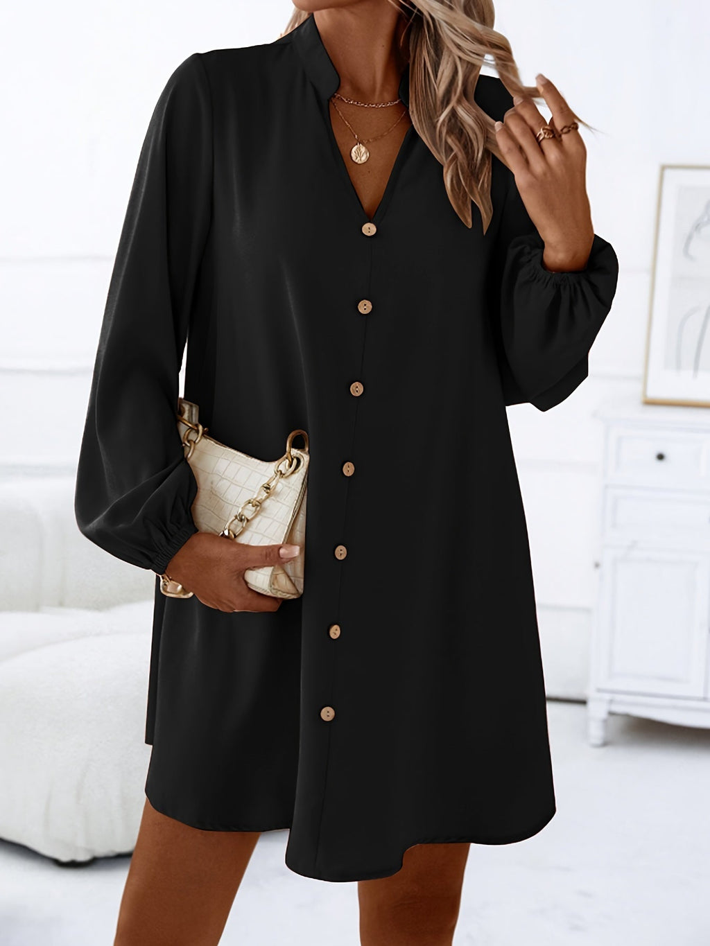 Airy Casual V-Neck Long Sleeve Dress for Women, Loose Fit Summer Midi Dress in Multiple Colors