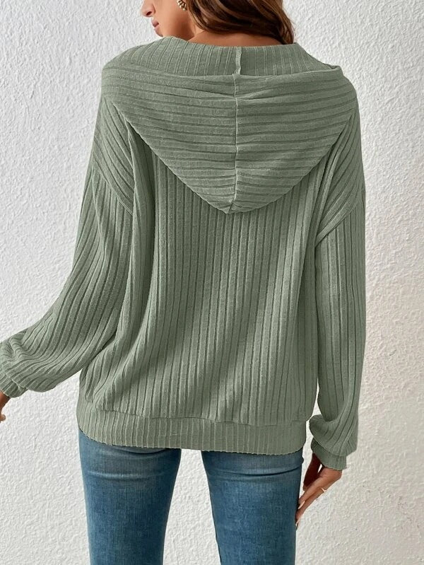 Soft Relaxed Women's Hooded Pullover - Ribbed Knit, Casual