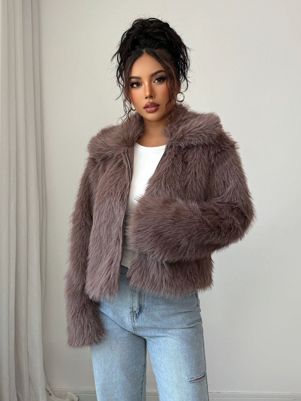 Warm Cozy Women’s Overcoat - Boxy Hip, Faux Fur, Winter