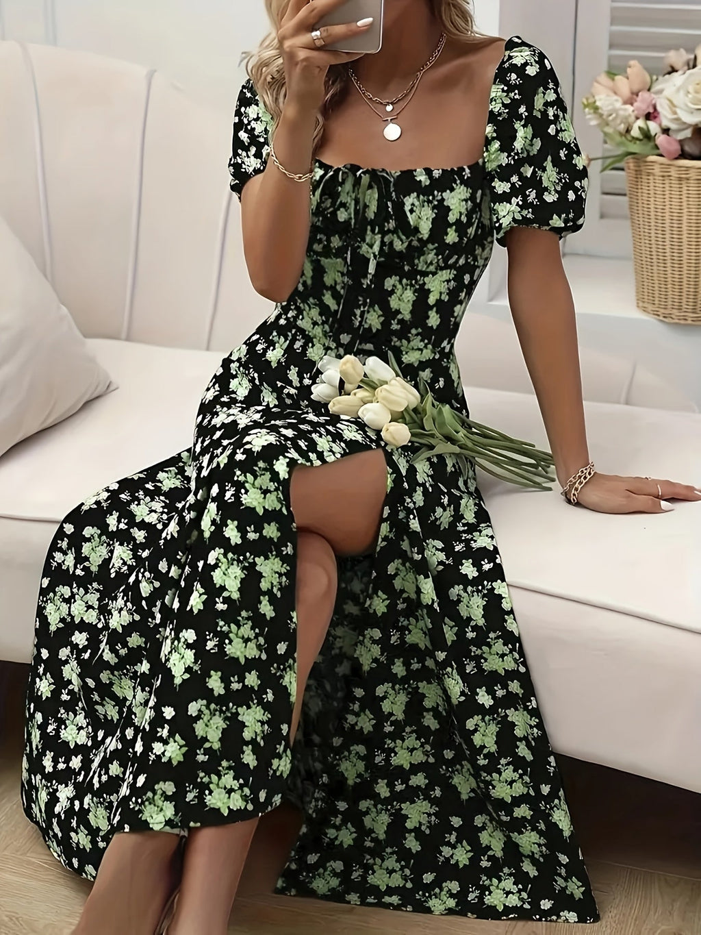 A-Line Floral Summer Dress with Puffed Sleeves for Women - Lightweight Formal Wedding Guest Dresses