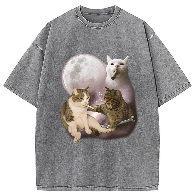 bbb Three Cat Smoking Retro Washed T-Shirt