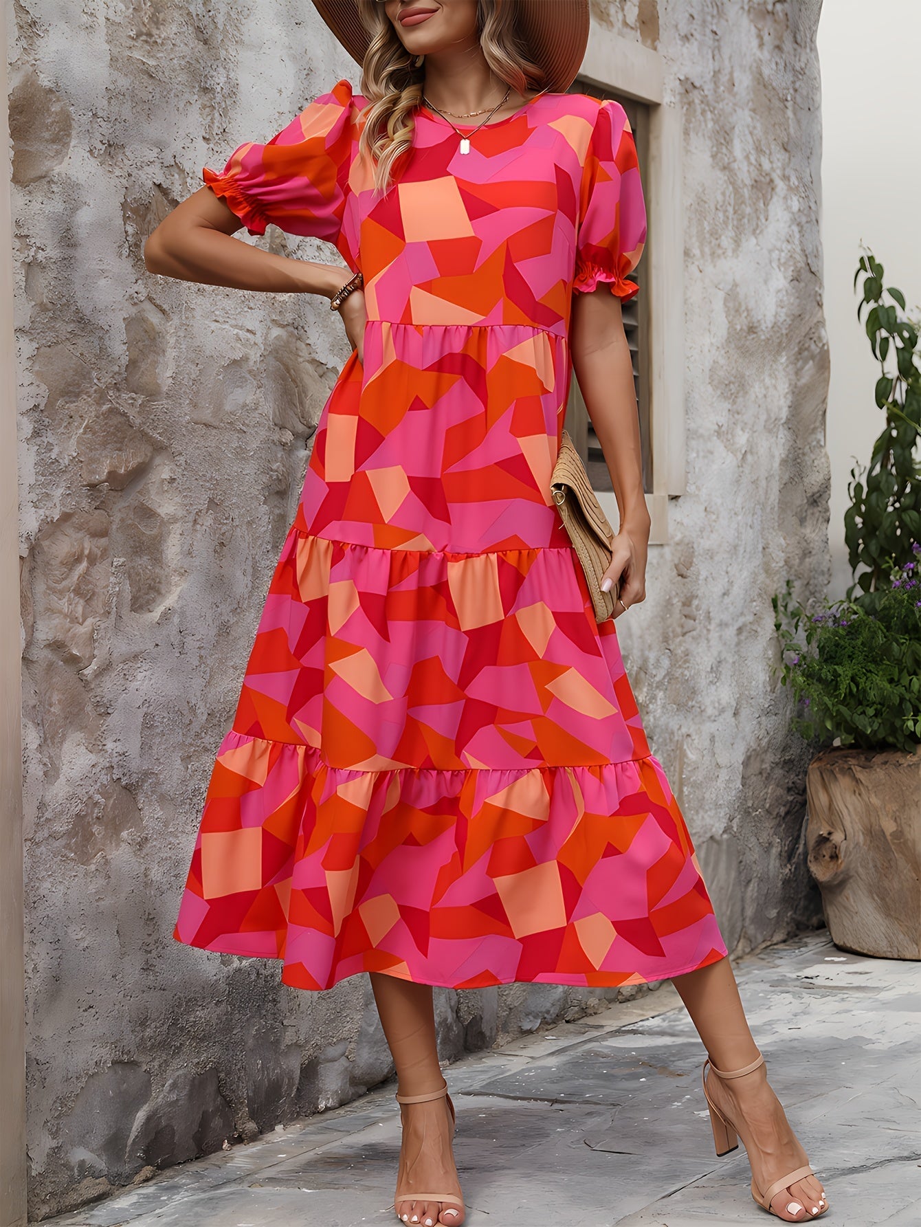 Boho Women's Dress with Puffed Sleeves, Gathered Design, Breathable Fabric, Available in Multiple Colors