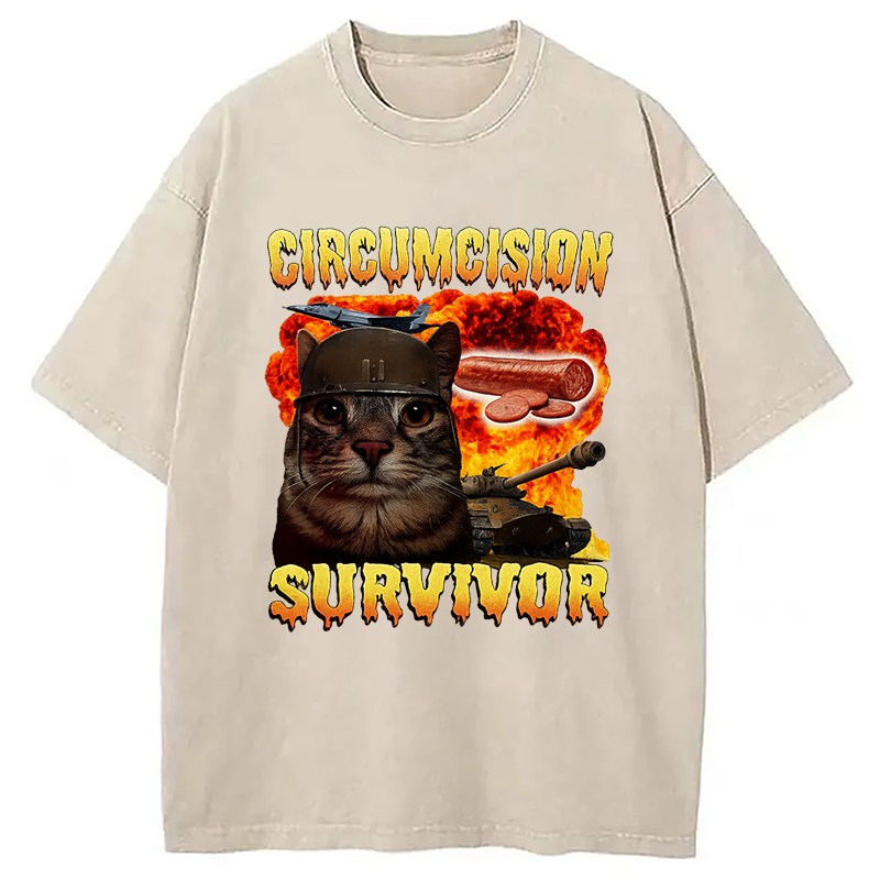 bbb Circumcision Survivor Funny Cat Meme Washed T-Shirt