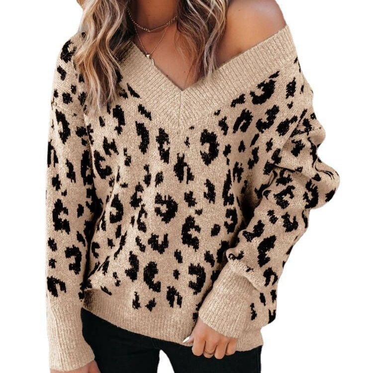 Oversized Cozy Women V Neck Sweater - Leopard Knit, Casual
