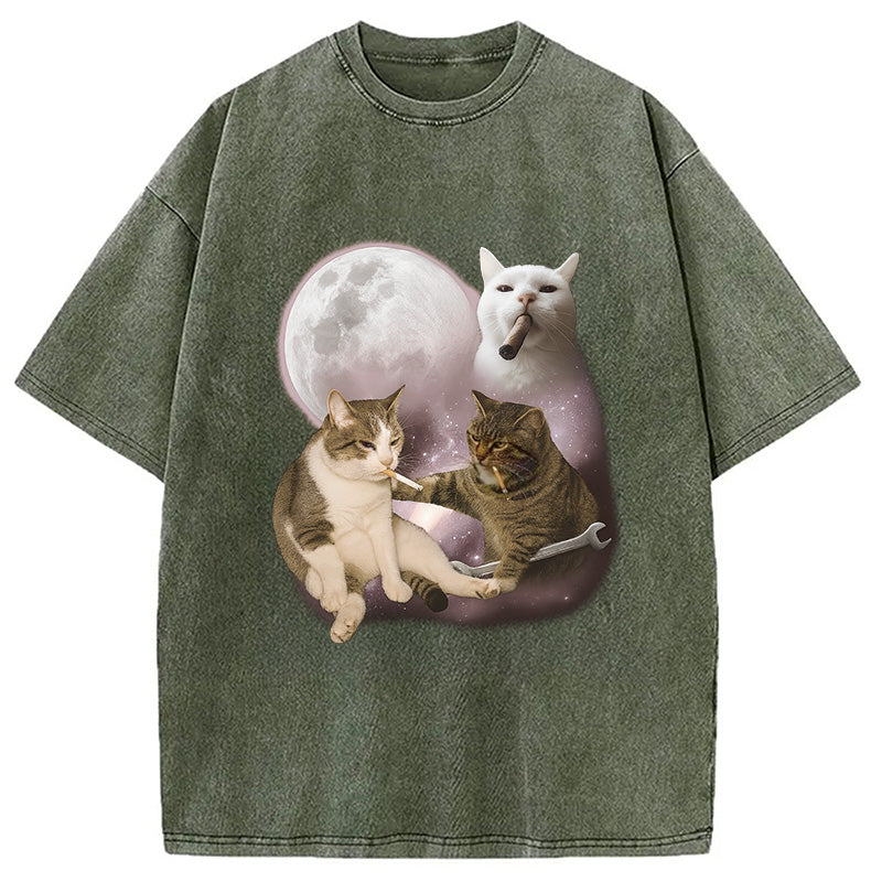 bbb Three Cat Smoking Retro Washed T-Shirt