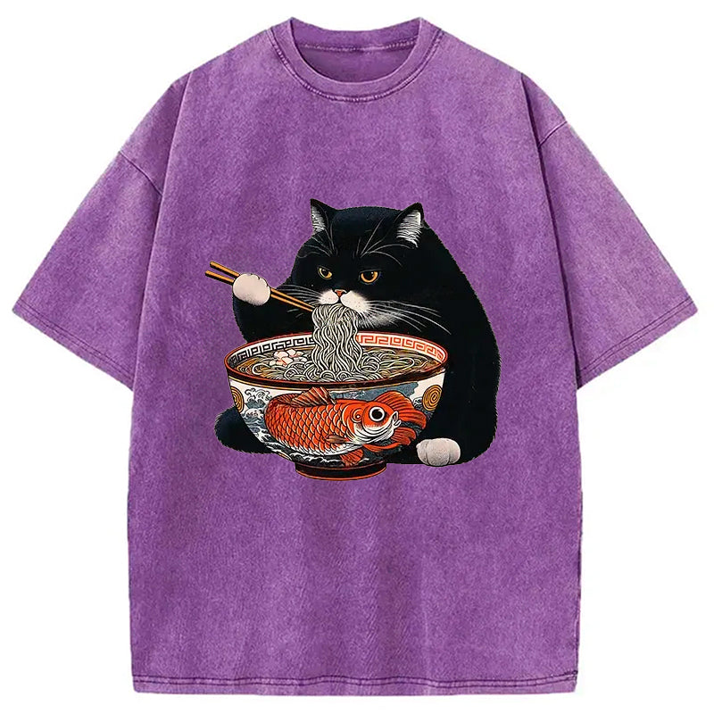 bbb Fat Cat Eating Ramen Washed T-Shirt