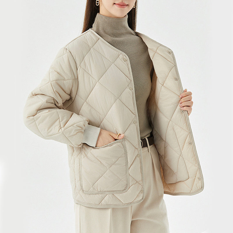 Lightweight Women's Quilted Coat - Relaxed Round Neck Nylon