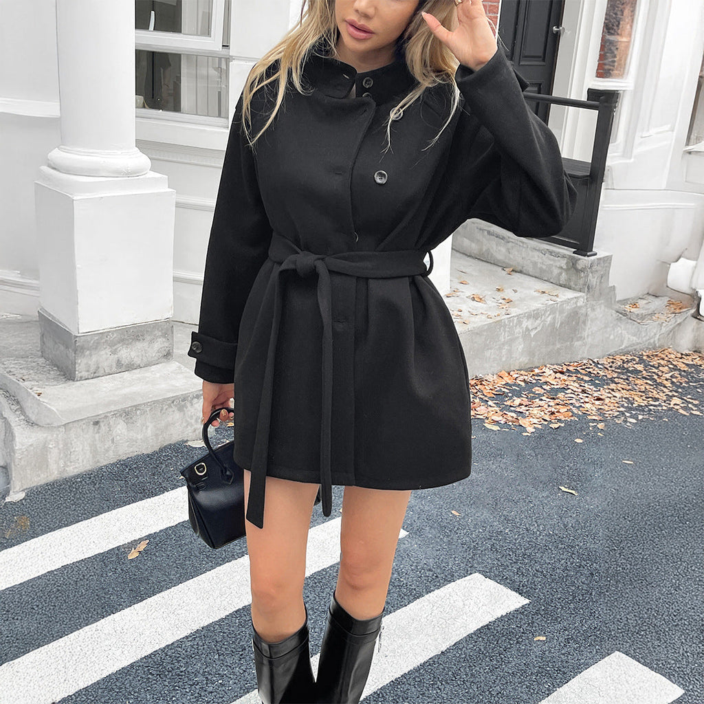 Warm Women's Overcoat - A Line Belted Polyester Winter