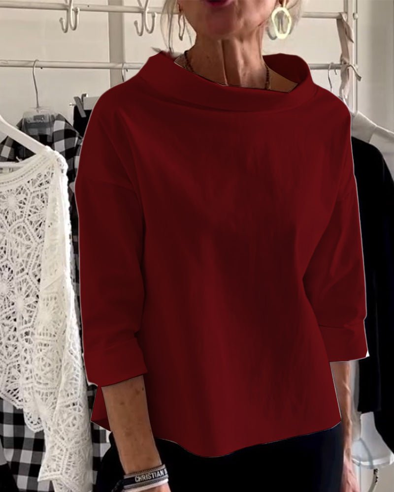Elegante Damenbluse mit lockerem Rollkragen, Langarm-Top aus Baumwoll-Polyester-Mischgewebe für Sommer und Herbst