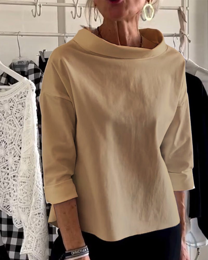 Elegante Damenbluse mit lockerem Rollkragen, Langarm-Top aus Baumwoll-Polyester-Mischgewebe für Sommer und Herbst