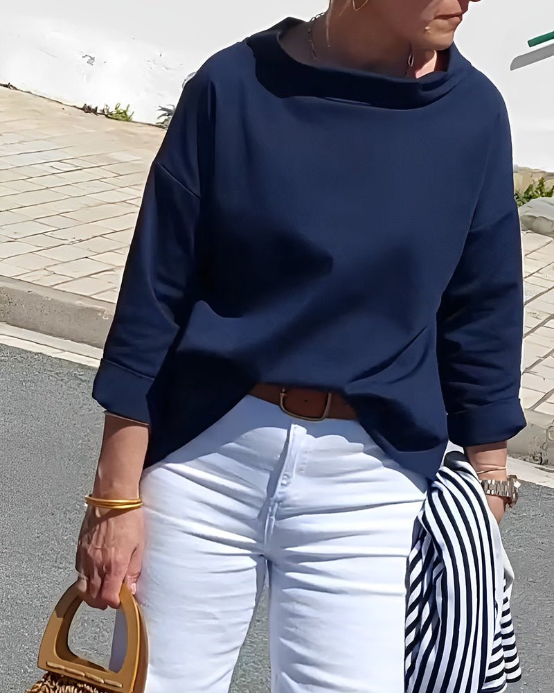 Elegante Damenbluse mit lockerem Rollkragen, Langarm-Top aus Baumwoll-Polyester-Mischgewebe für Sommer und Herbst