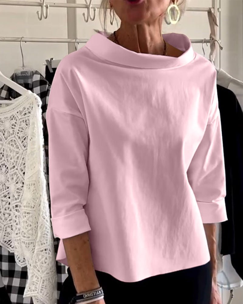 Elegante Damenbluse mit lockerem Rollkragen, Langarm-Top aus Baumwoll-Polyester-Mischgewebe für Sommer und Herbst