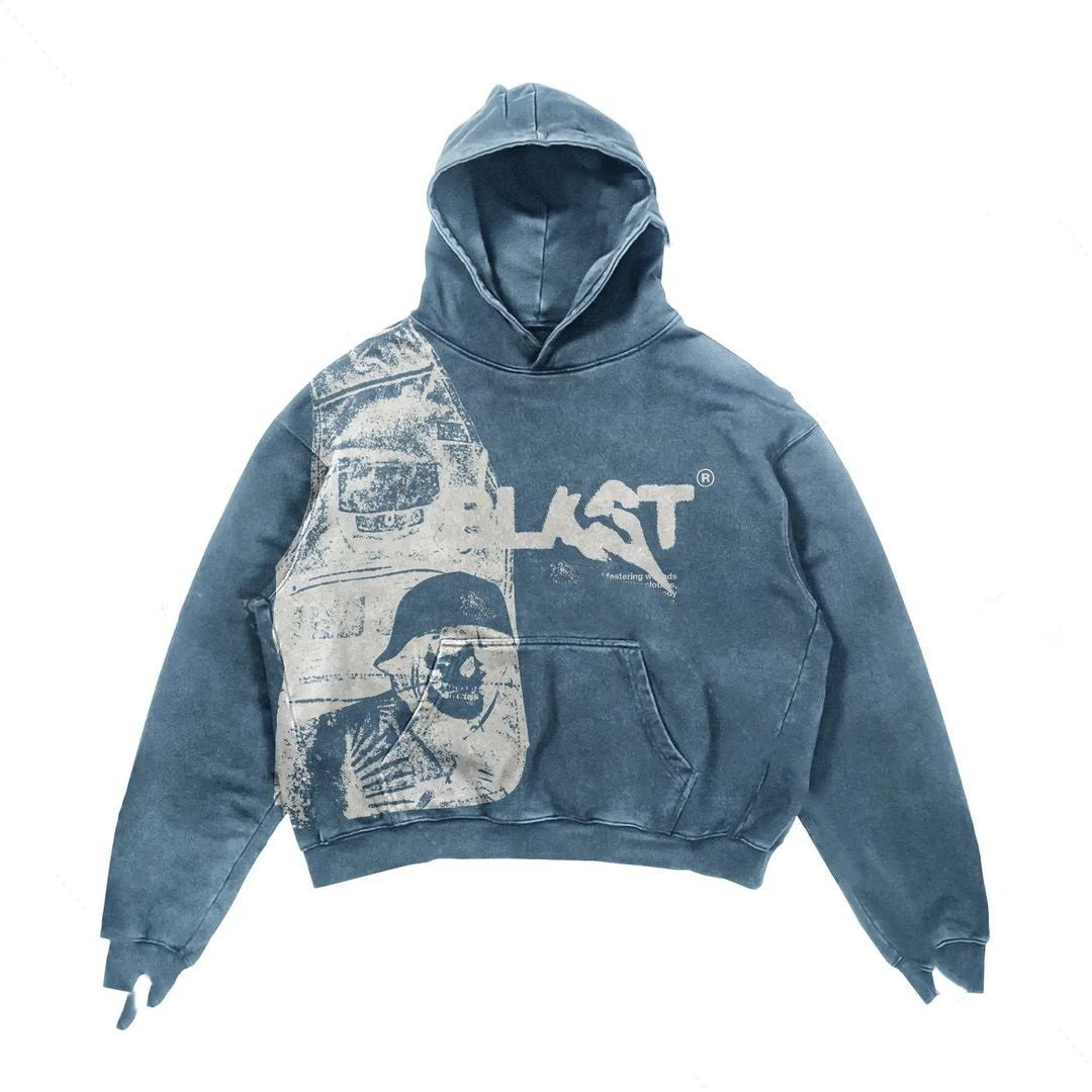 Oversized Cozy Mens Hoodie - Distressed Graphic, Polyester