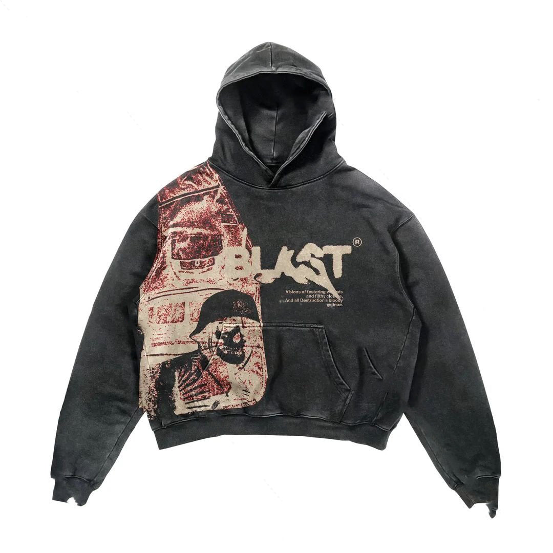 Oversized Cozy Mens Hoodie - Distressed Graphic, Polyester