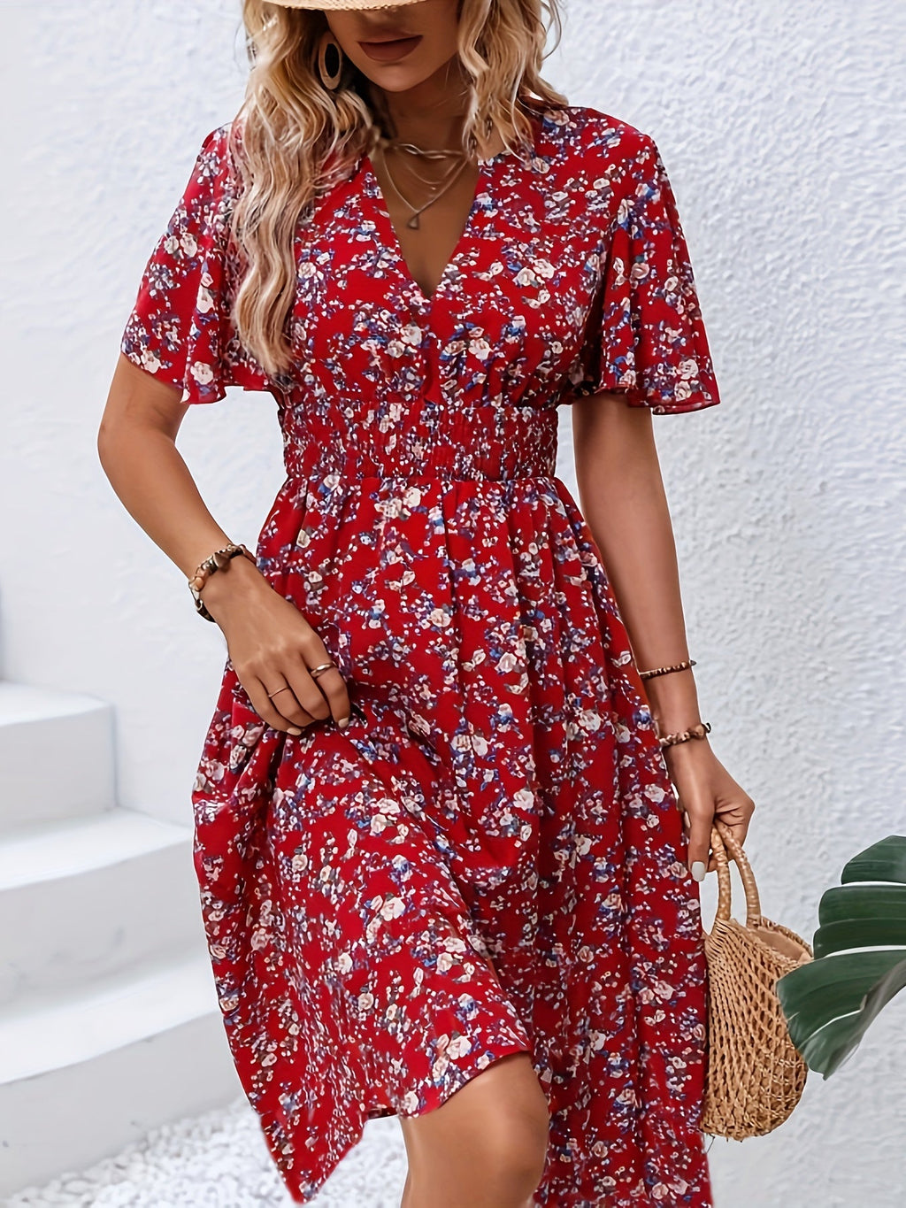 Feminine Boho Summer Dress with V-Neck and Flutter Sleeves, Lightweight Breathable Fabric, Available in Black and Red