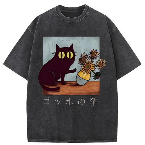 Black Cat Sunflower Washed T-shirt